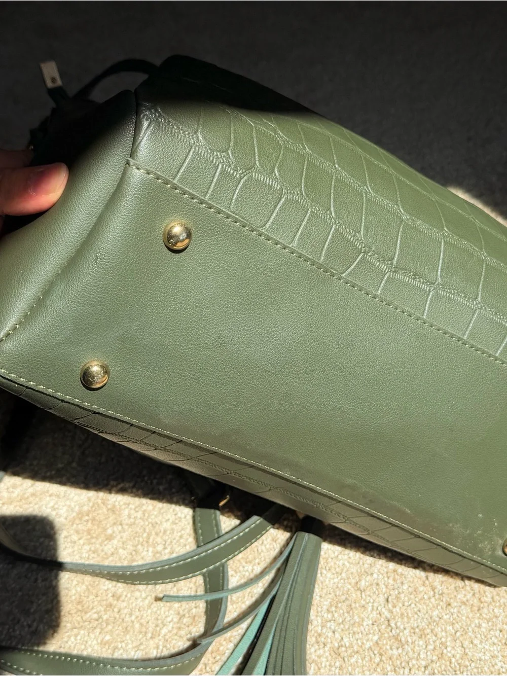 Source Unknown Olive Green Croc-Embossed Satchel with Tassel